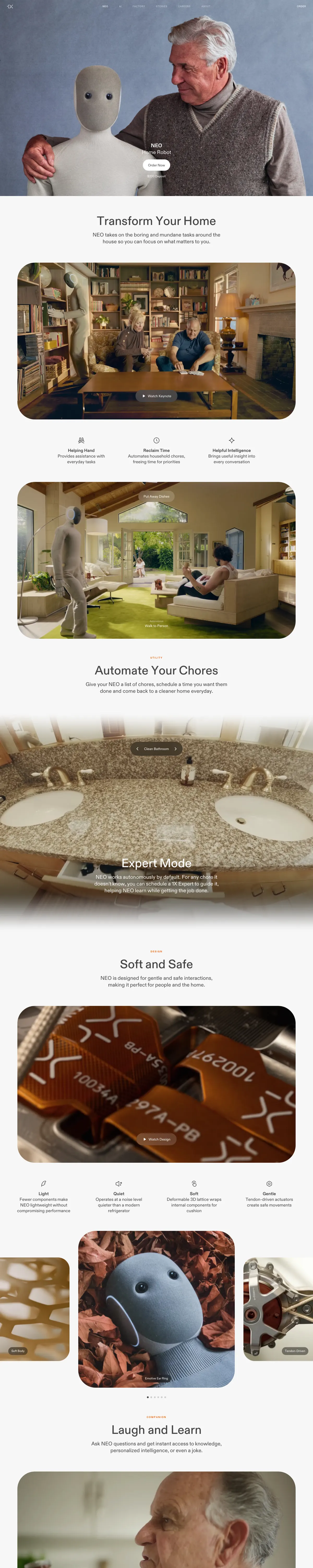 Full-page screenshot of NEO Home Robot (1x.tech)