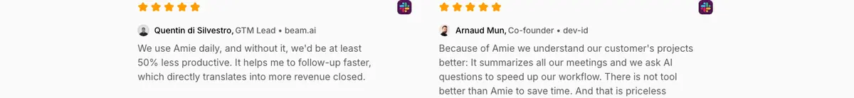 Testimonials section of Amie
