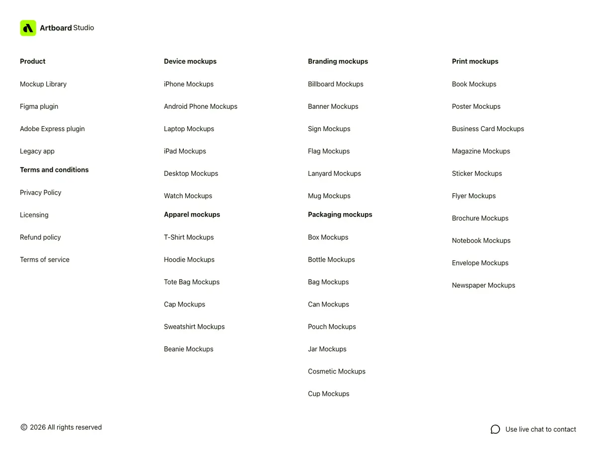 Footer section of Artboard Studio