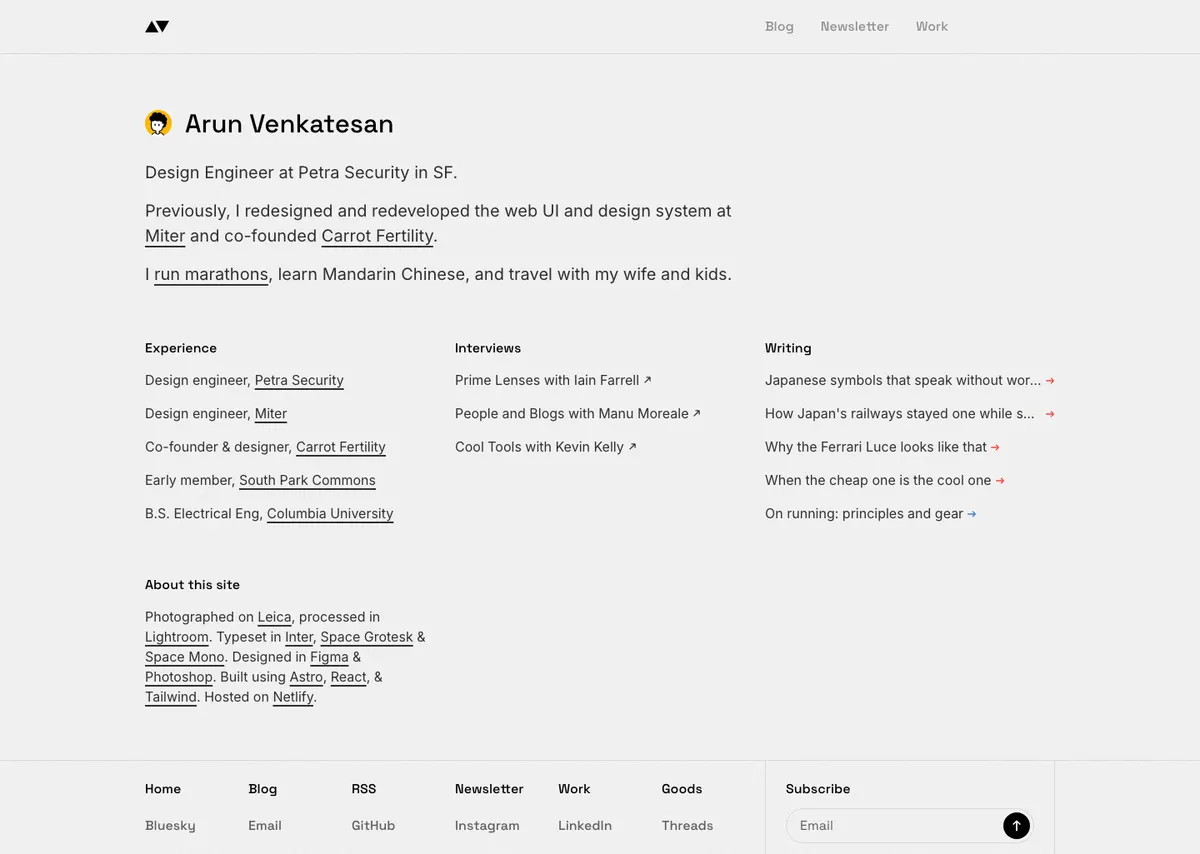 Full-page screenshot of Arun Venkatesan (arun.is)