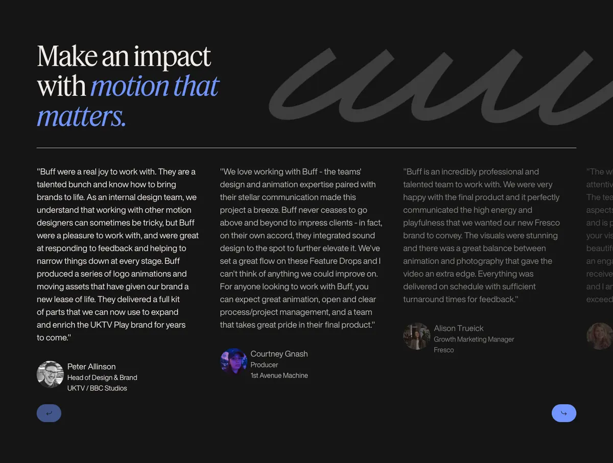 Testimonials section of Buff Motion