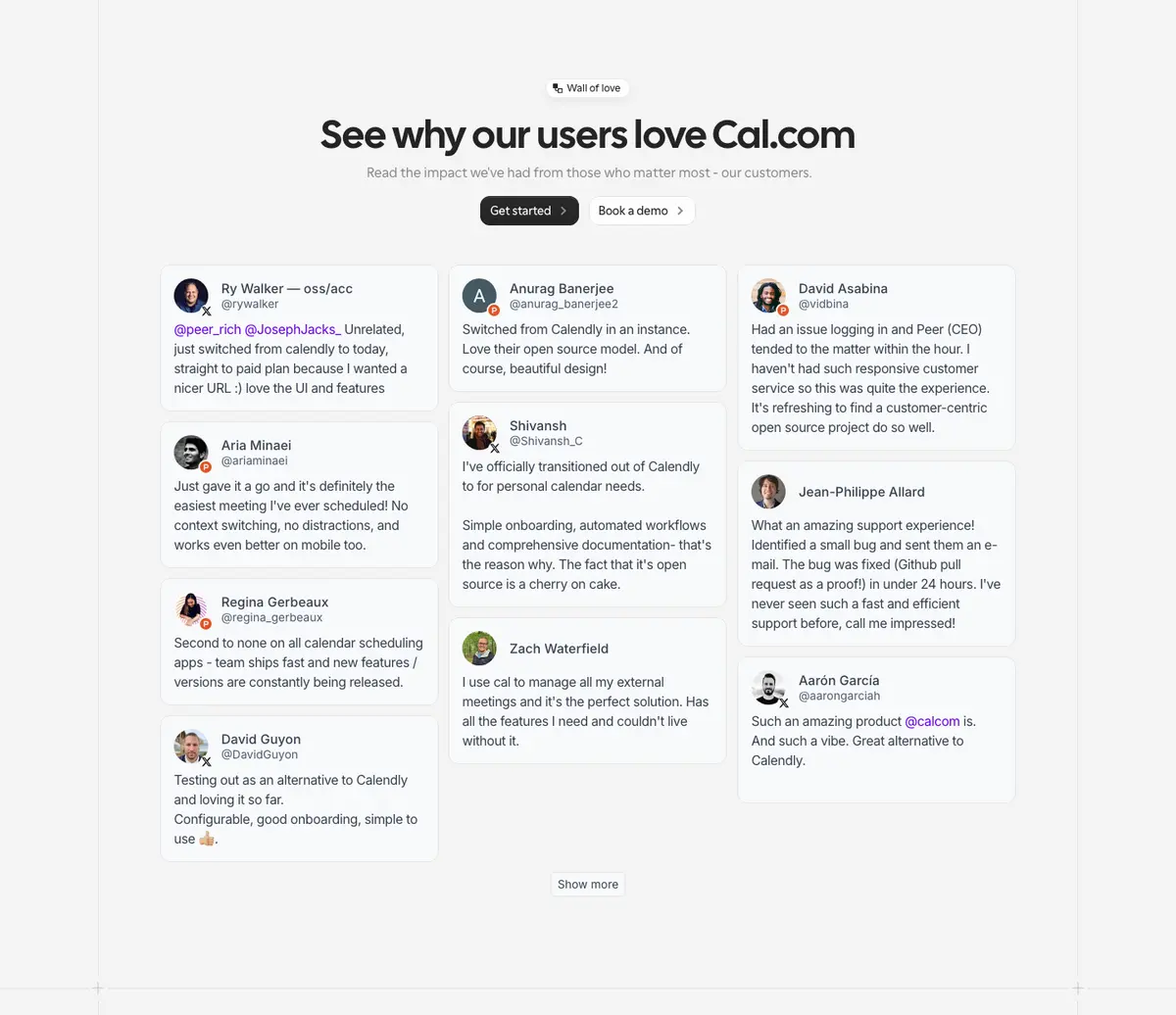 Testimonials section of Cal.com