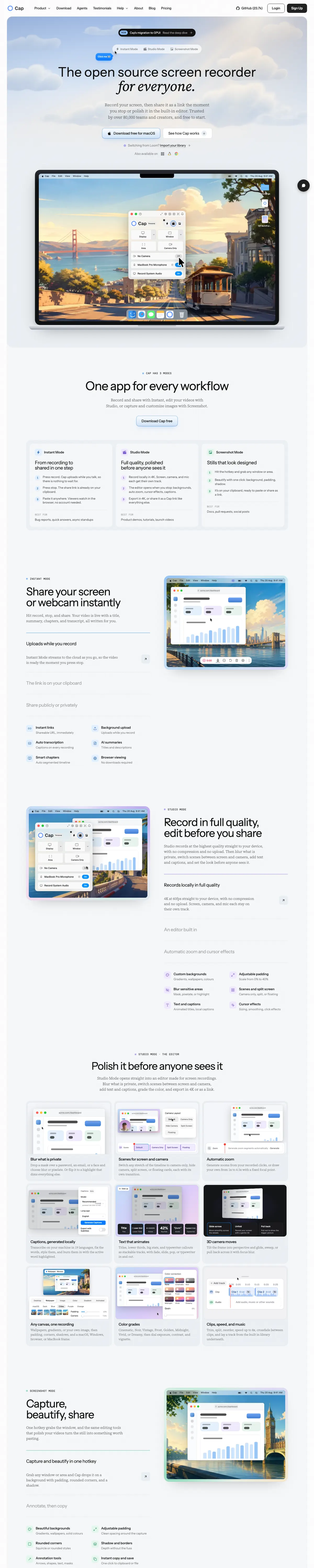 Full-page screenshot of Cap (cap.so)