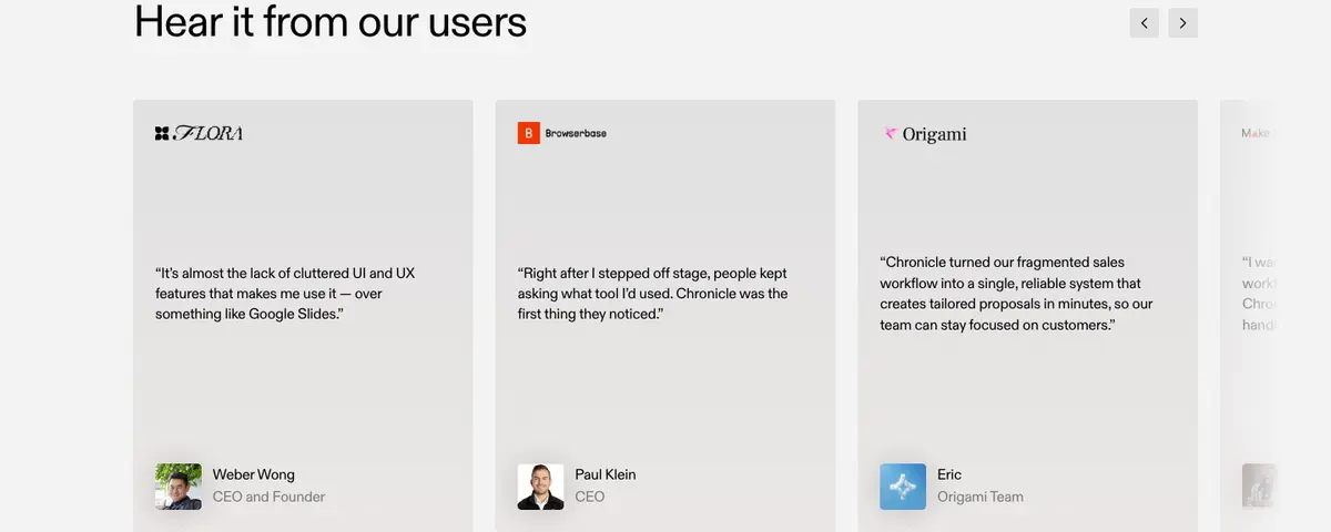 Testimonials section of Chronicle