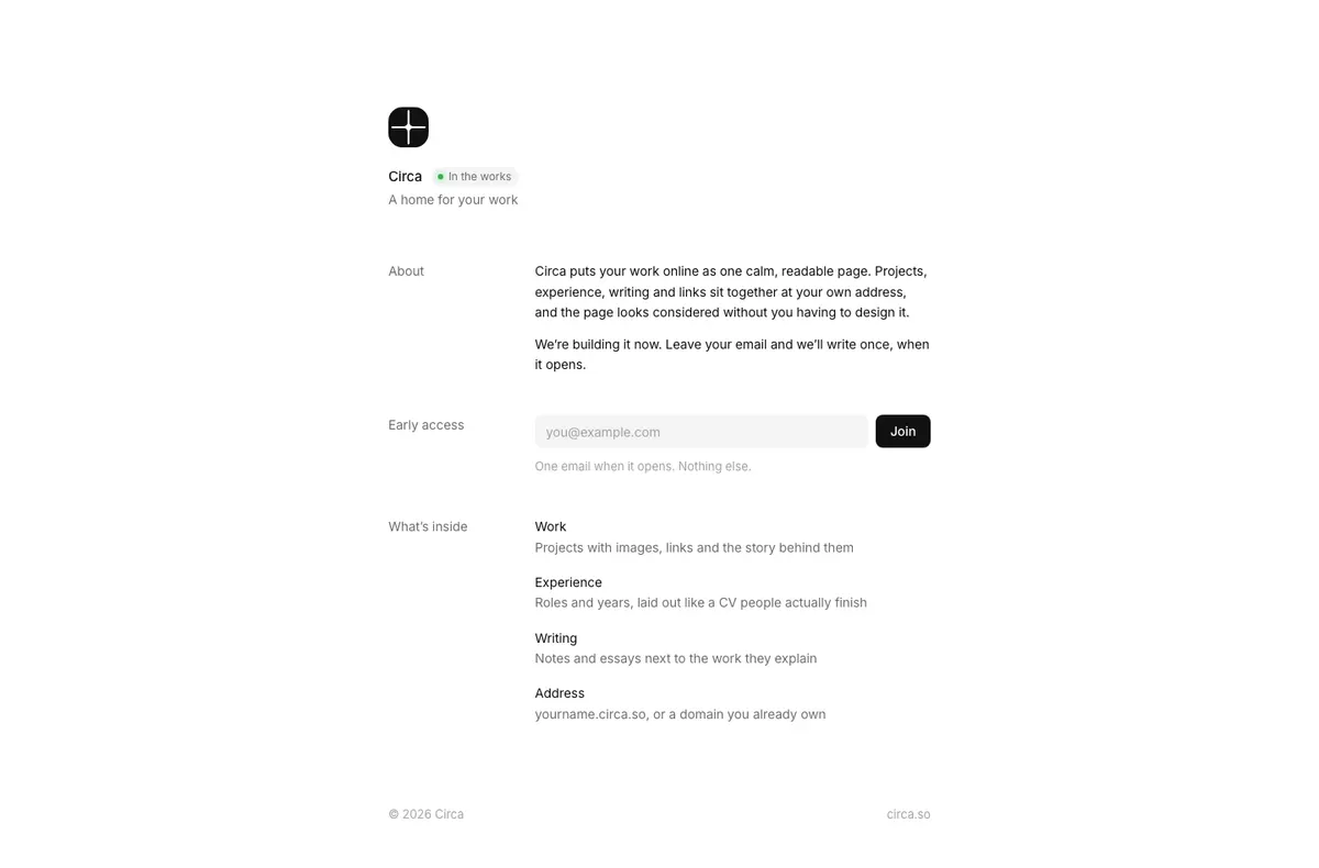 Full-page screenshot of Circa No-Code Website Builder (circa.so)