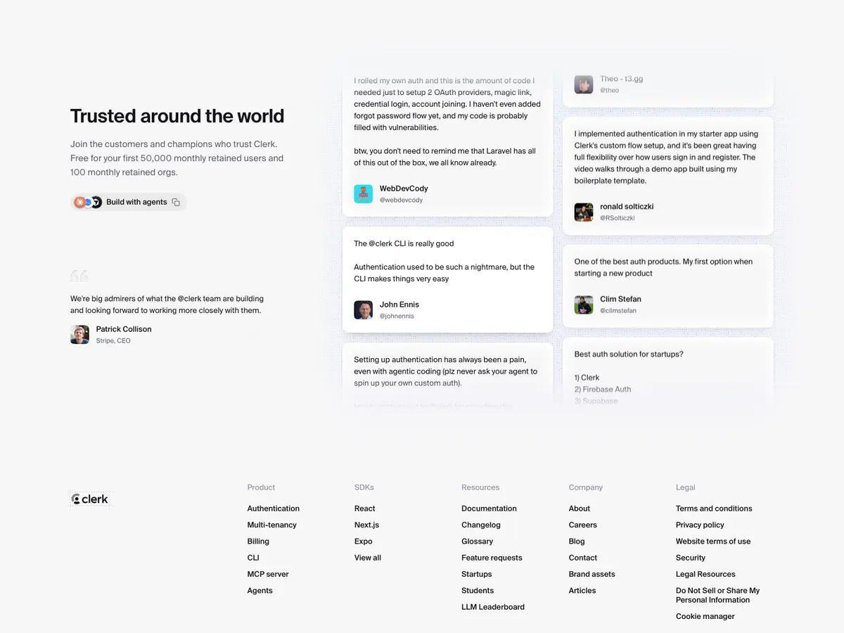 Testimonials section of Clerk