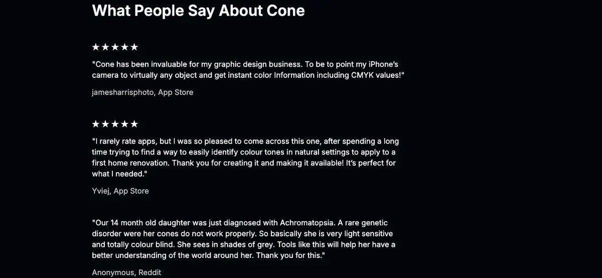 Testimonials section of Cone