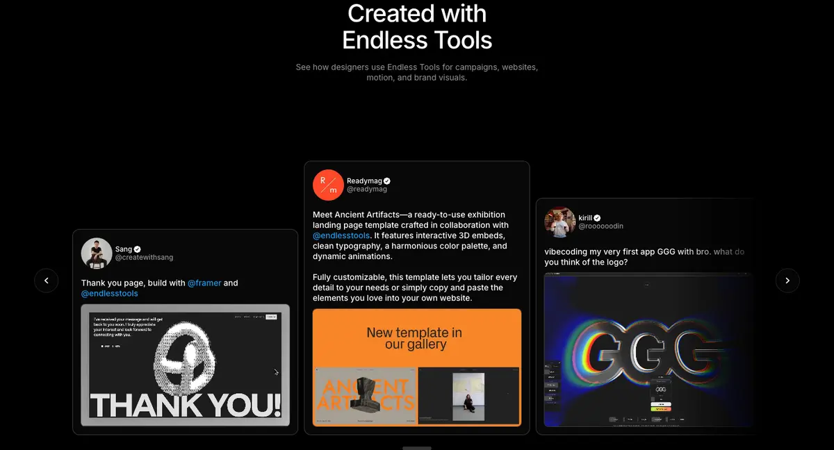 Testimonials section of Endless Tools
