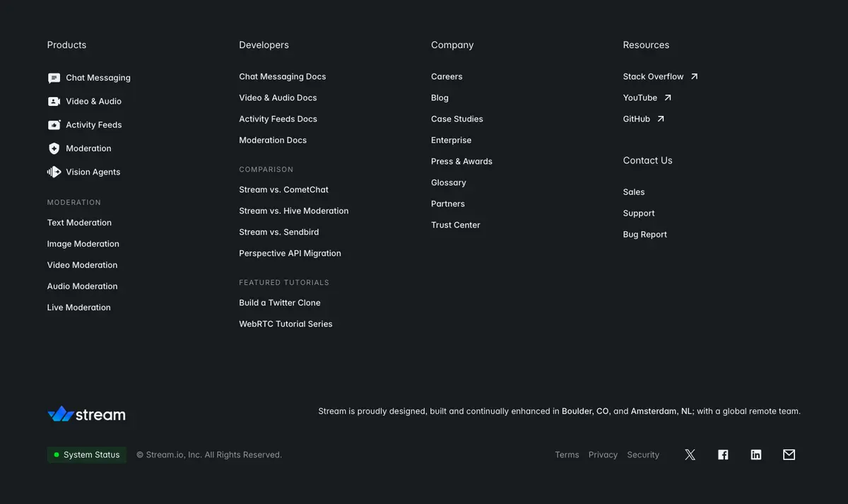 Footer section of Getstream