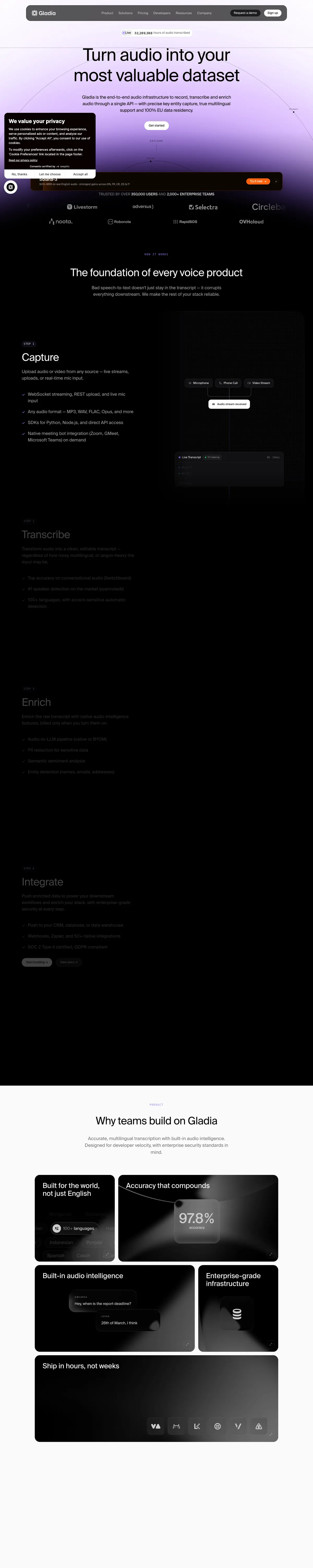Full-page screenshot of Gladia I Audio Transcription API (gladia.io)