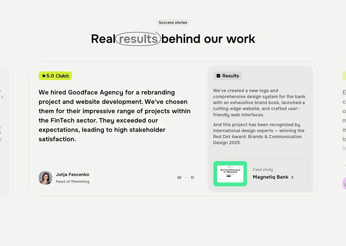 Testimonials section of Goodface