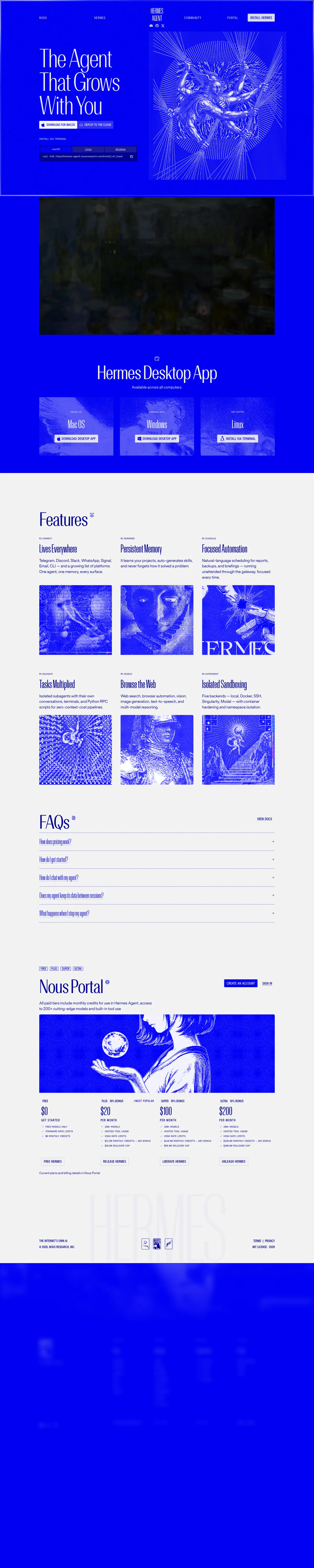 Full-page screenshot of Hermes Agent (hermes-agent.nousresearch.com)