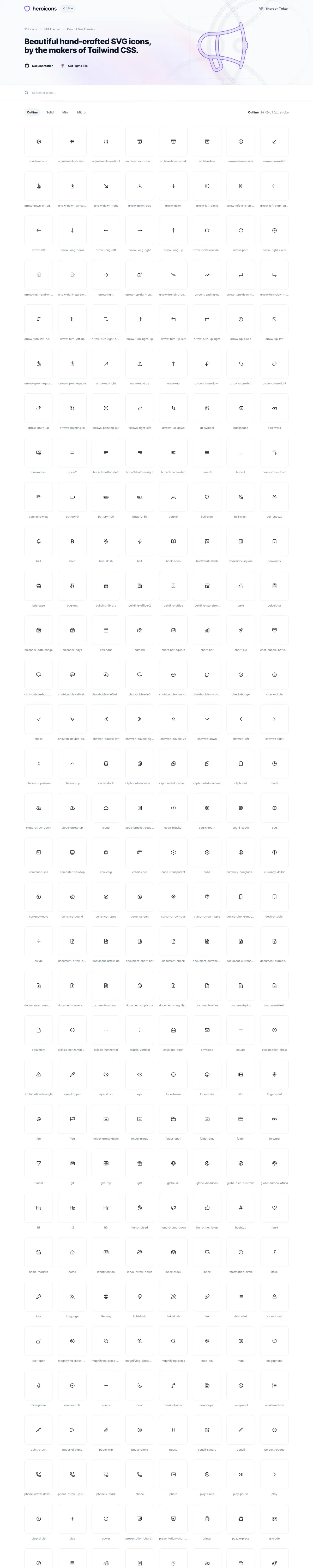 Full-page screenshot of Heroicons (heroicons.com)