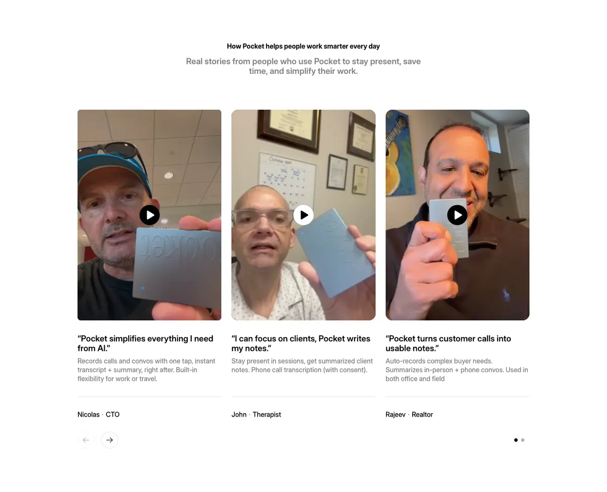 Testimonials section of Pocket