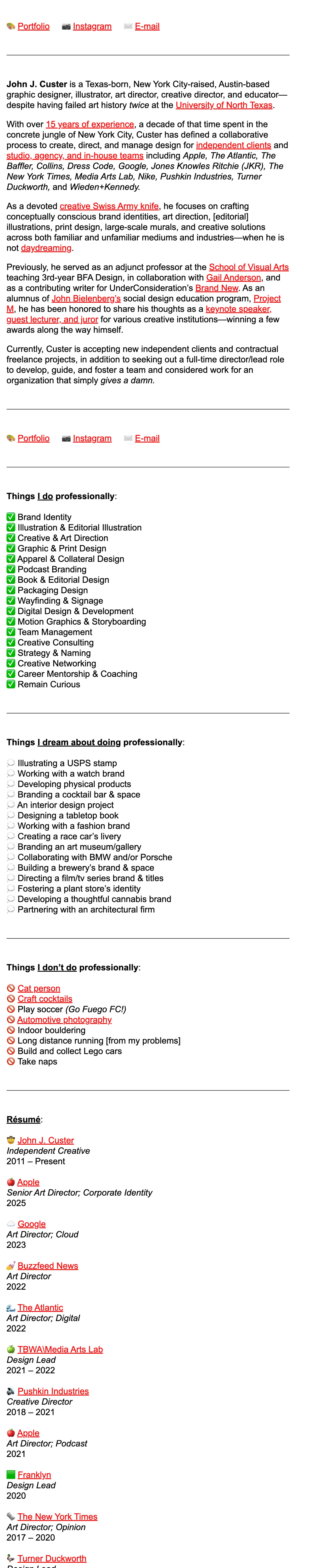 Full-page screenshot of John J. Custer's "Website" (johnjcuster.com)