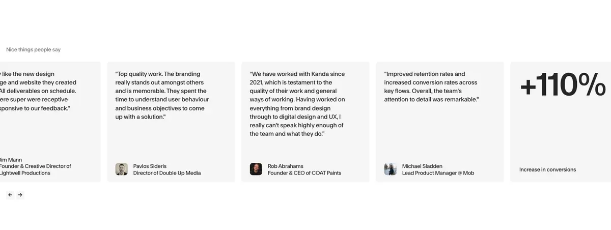 Testimonials section of Studio Kanda