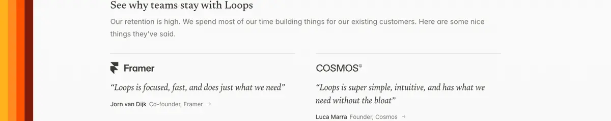 Testimonials section of Loops