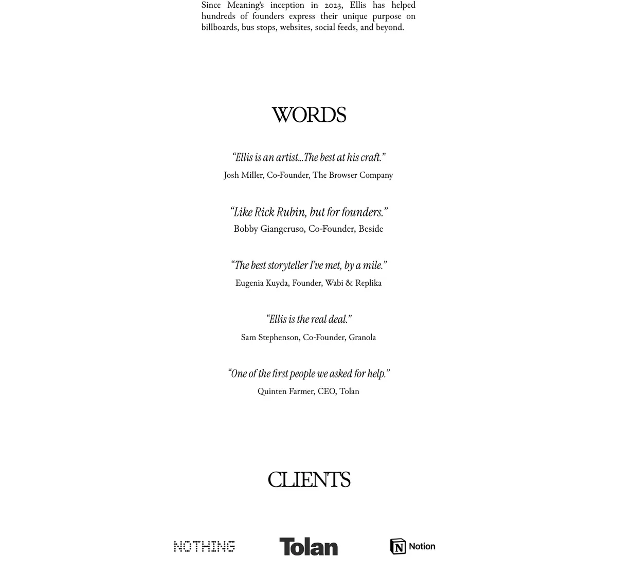 Testimonials section of Meaning Ltd.