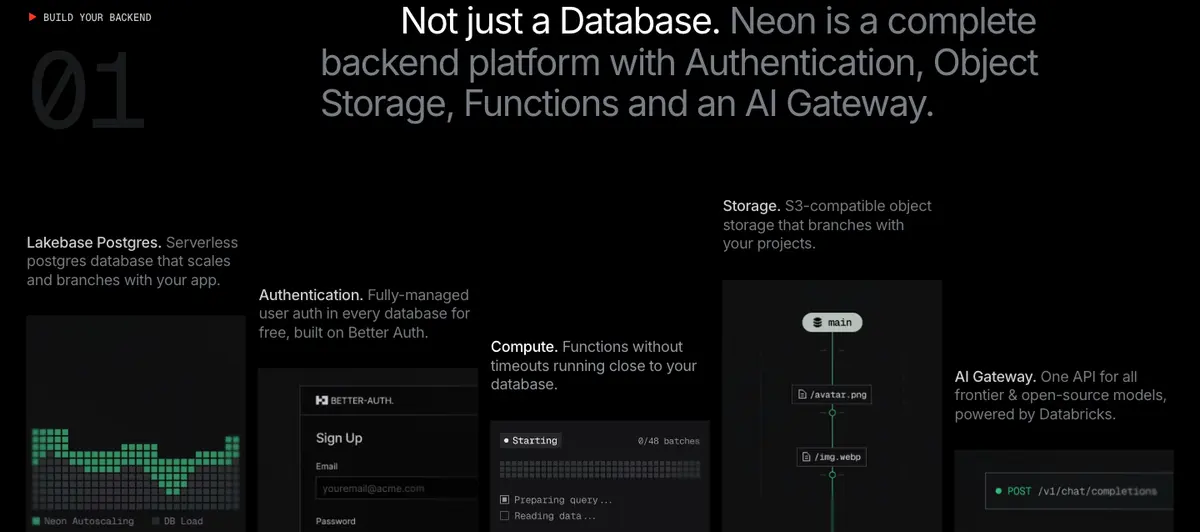 Features section of Neon Serverless Postgres