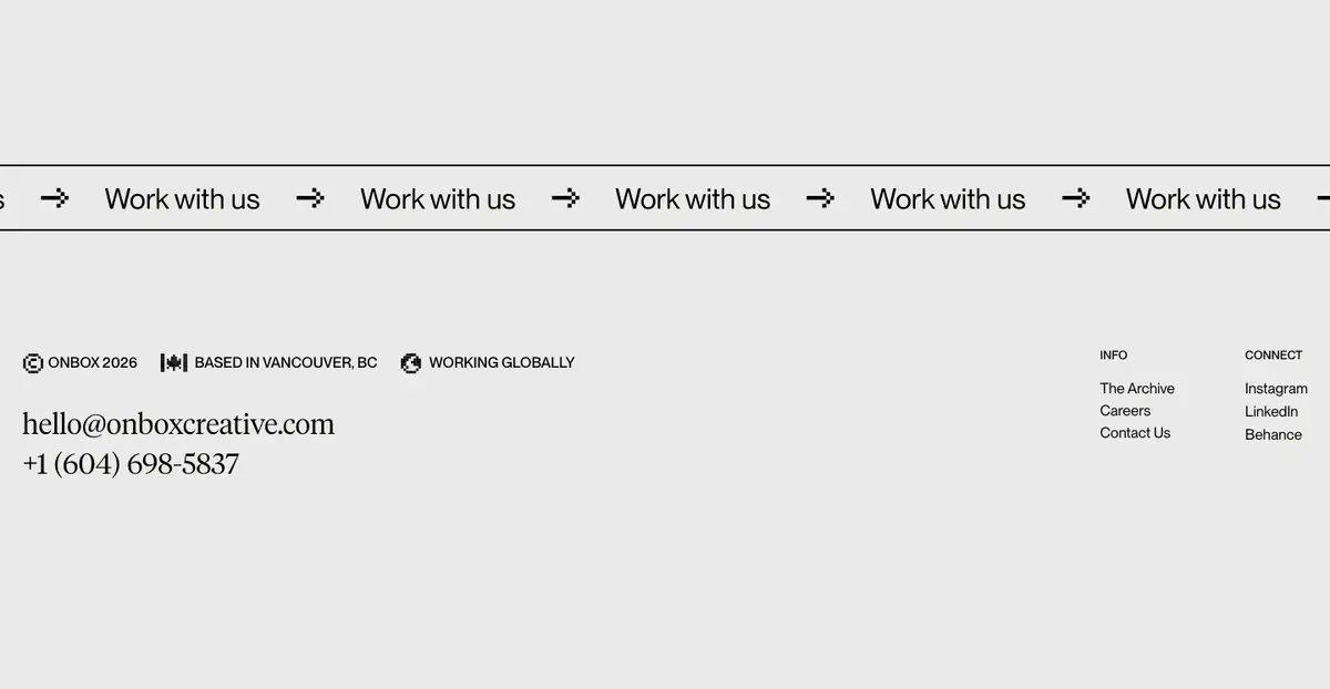 Footer section of ONBOX Creative Inc.