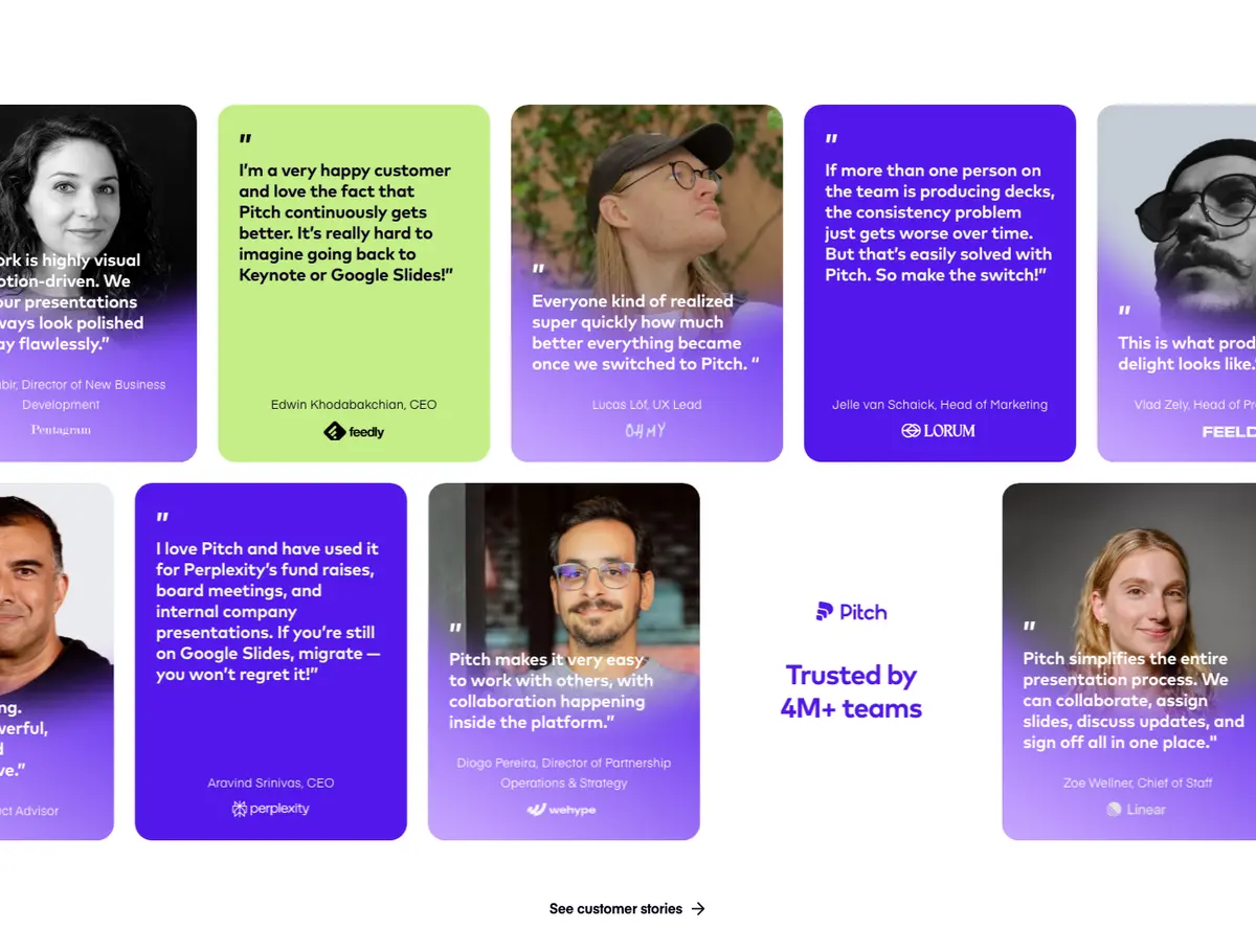 Testimonials section of Pitch 一 Collaborative presentation software for modern teams.