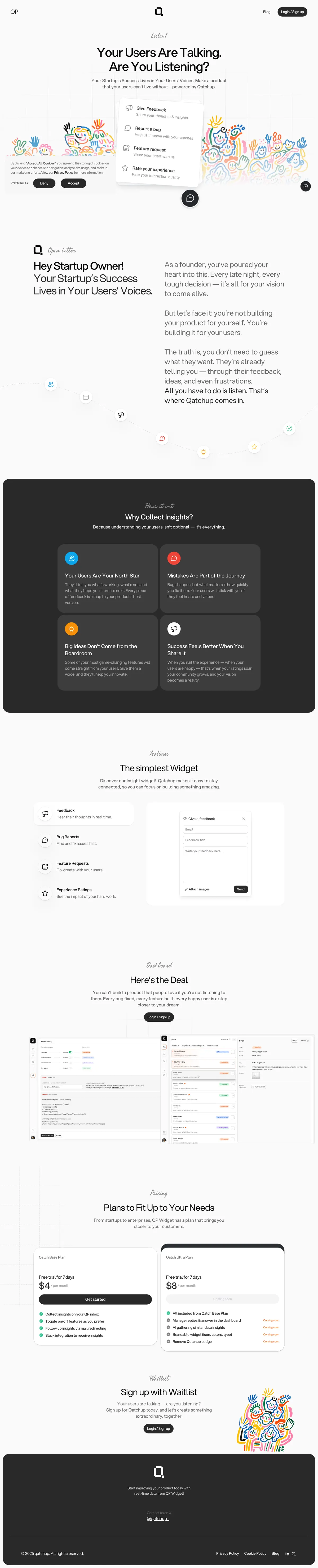 Full-page screenshot of Qatchup with your product for real-time customer feedbacks (qatchup.com)