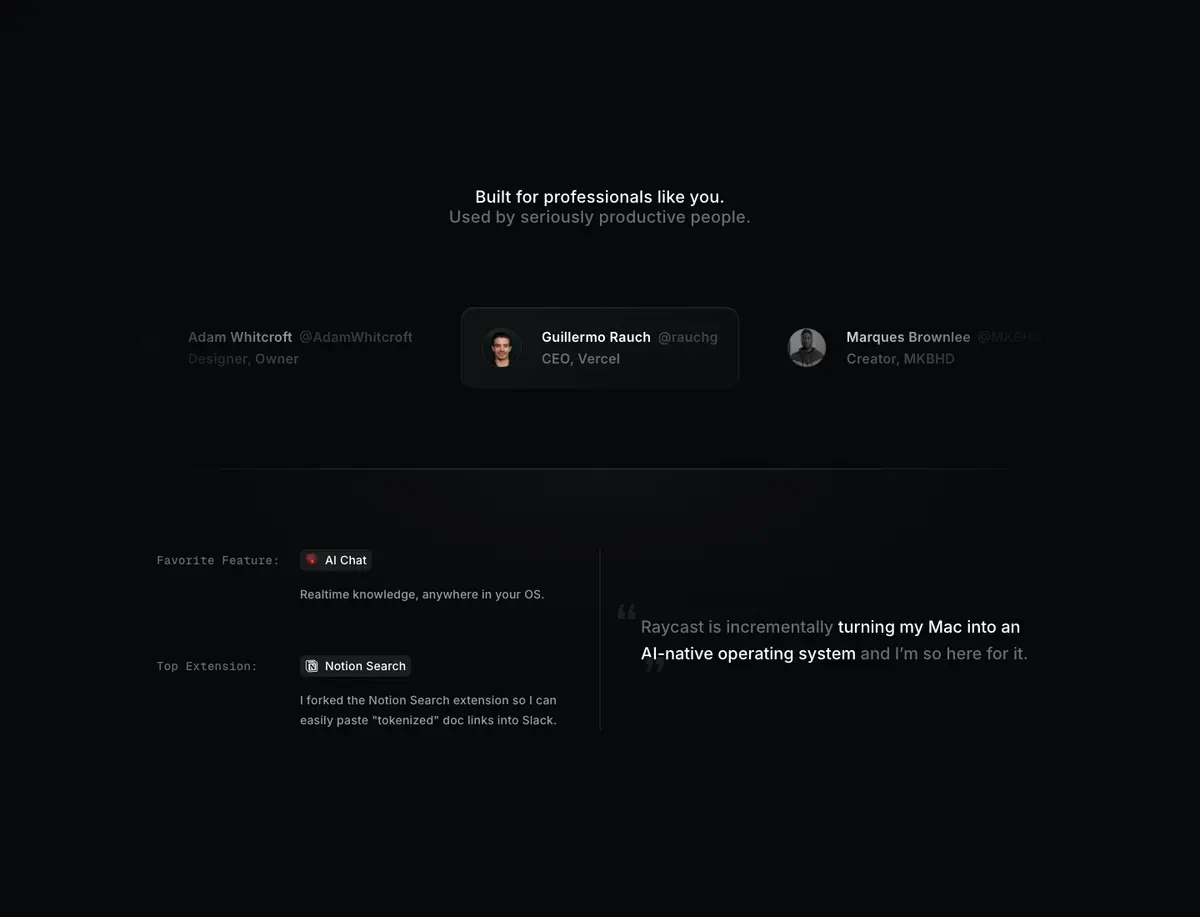 Testimonials section of Raycast