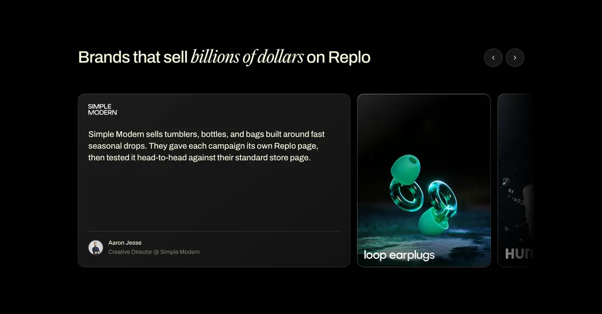 Testimonials section of Replo