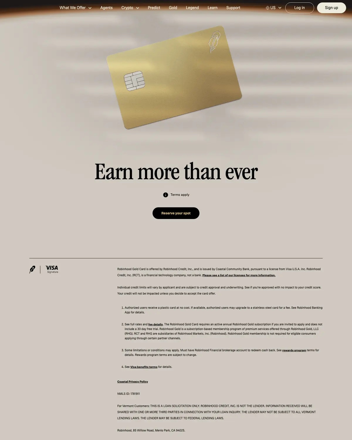 Call to action section of Robinhood Gold Card