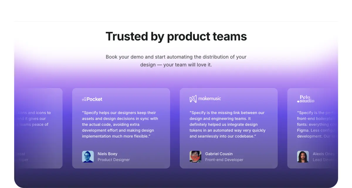 Testimonials section of Specify