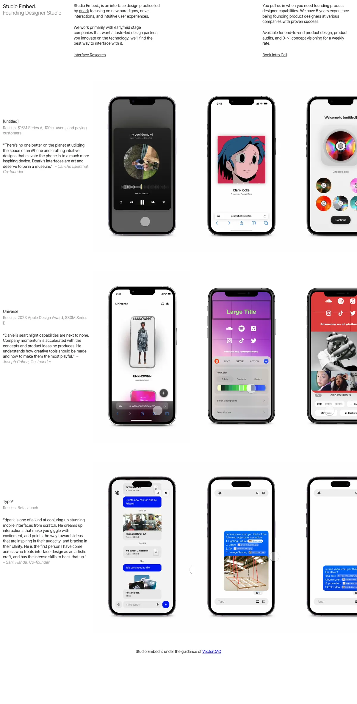 Full-page screenshot of studio embed. (studioembed.com)
