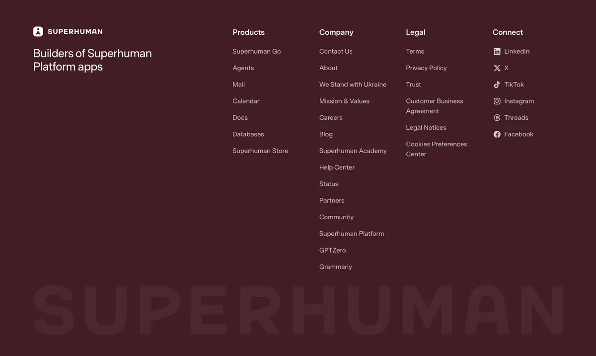 Footer section of Superhuman
