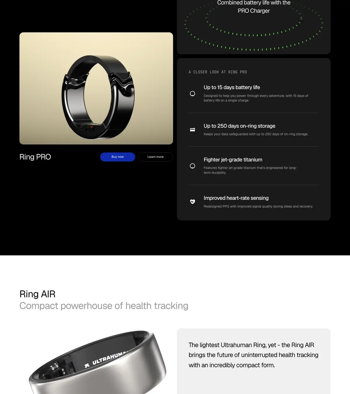 Features section of Ultrahuman. Real-time nutrition and fitness tracking.