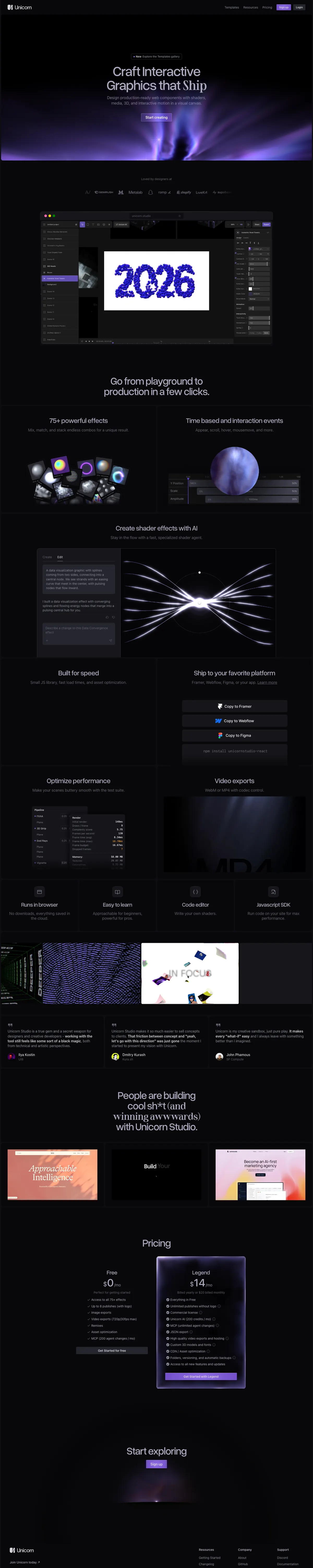 Full-page screenshot of unicorn.studio (unicorn.studio)