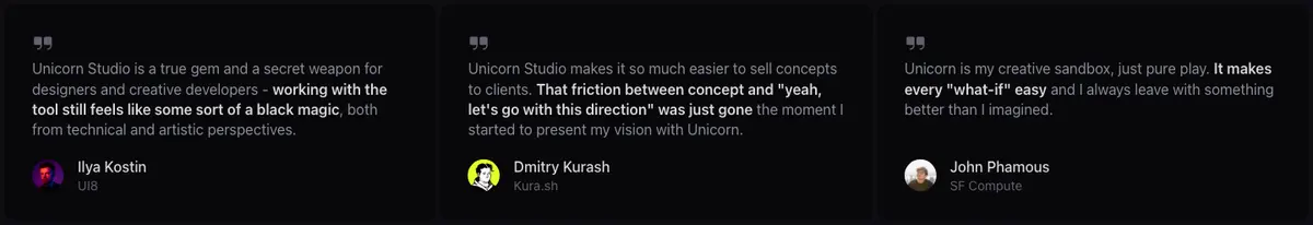 Testimonials section of unicorn.studio